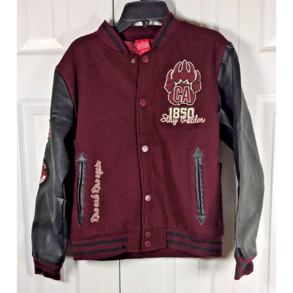 Ring of Fire Boys Varsity Jacket Med Burgundy Black Faux Leather Sleeve CA Bear